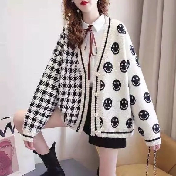 Smiley face cardigan sweater knit black and cream white stripe v-neck happy face - Picture 3 of 7